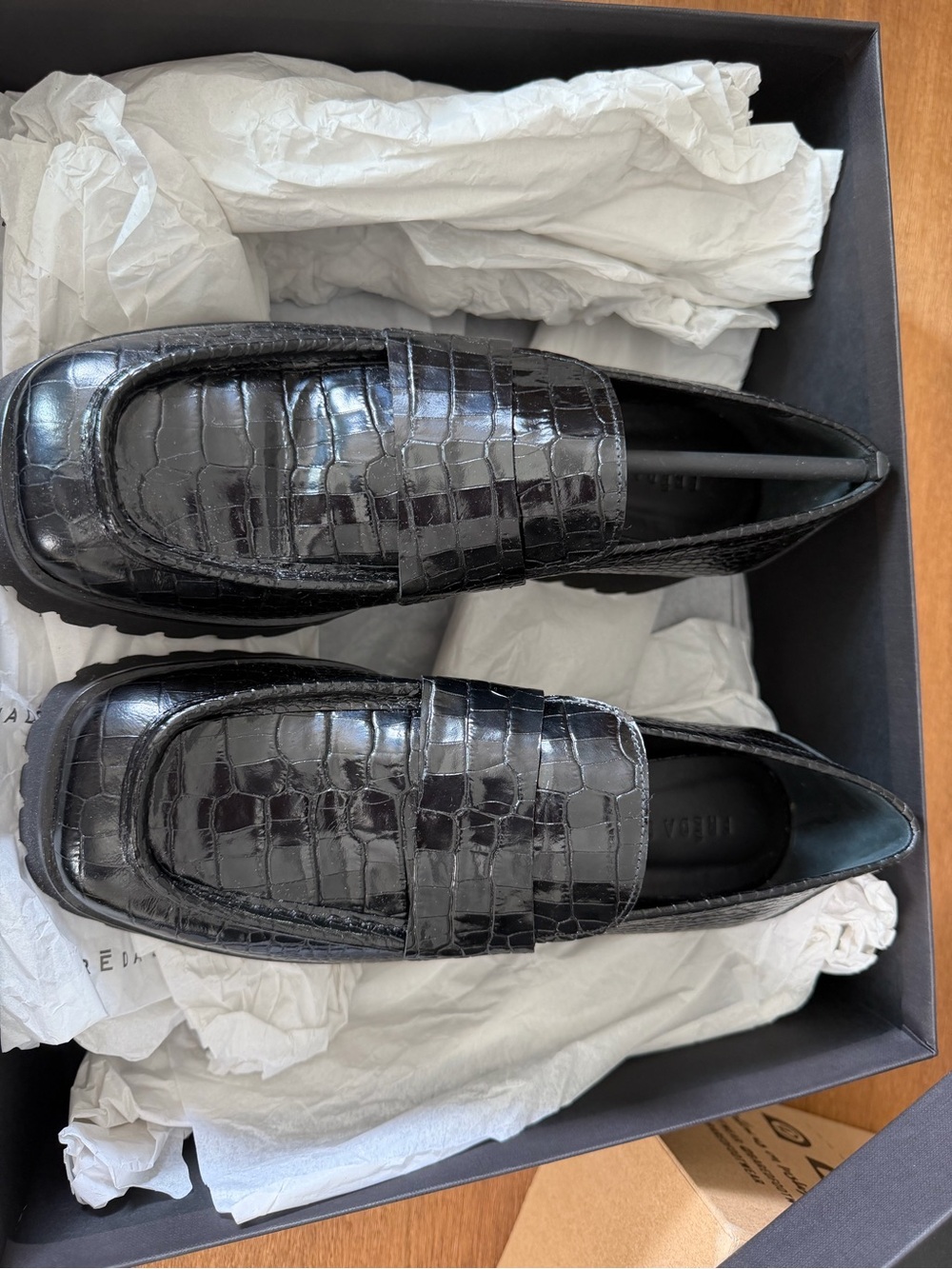Freda Salvador Black Croc-Embossed Leather Penny Loafers